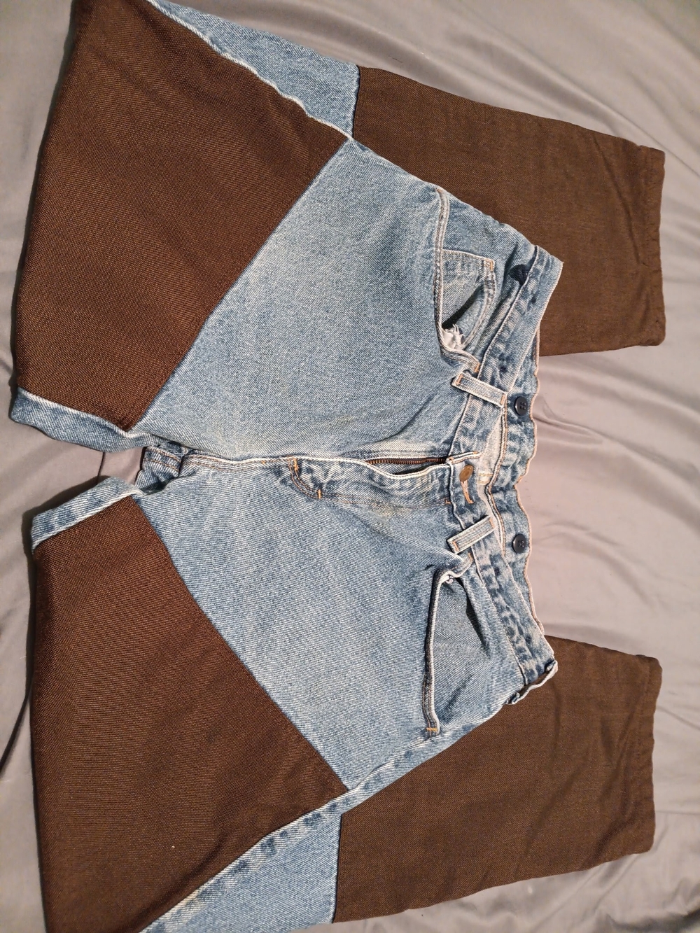 Mens Double Knee Straight Leg Jeans in Light Blue and Brown